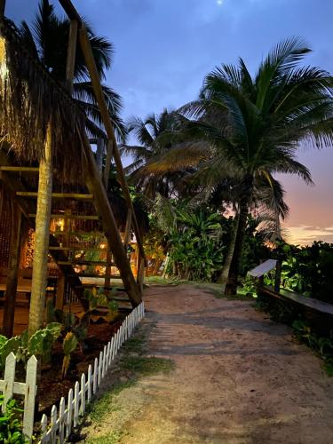a path leading to a resort with palm trees at Pousada Paraíso das Tartarugas in Pipa