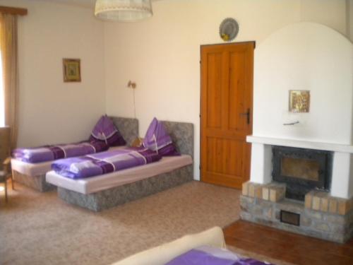 ein Wohnzimmer mit einem Sofa und einem Kamin in der Unterkunft Chalupa Tourov in Bavorov