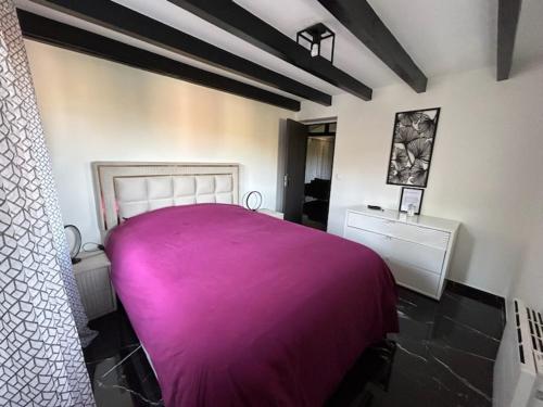 une chambre avec un grand lit avec une couverture violette dans l'établissement Sinalospa - Culiacàn - Appartement Jardin Jacuzzi Sauna à 5 minutes de Nancy Place Stanislas, à Champigneulles