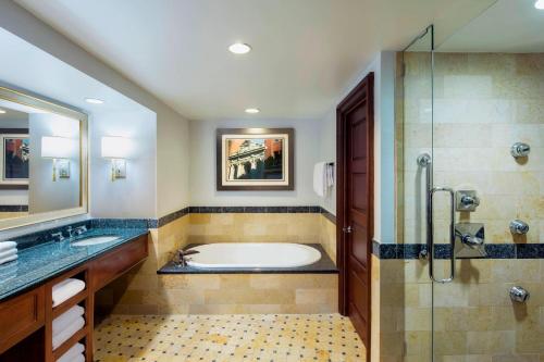 a bathroom with a tub and a sink and a shower at Sheraton Norfolk Waterside Hotel in Norfolk