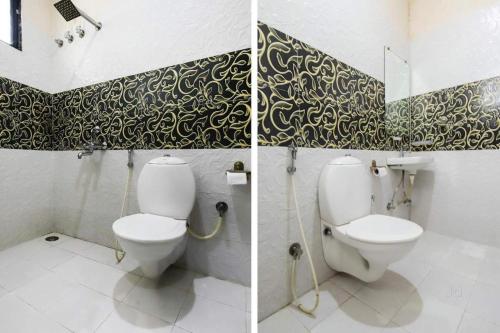 two pictures of a bathroom with a toilet and a sink at Meera Valley Resort in Udaipur
