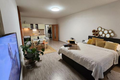 a bedroom with a large bed and a kitchen at Apartmán Sky s balkonem in Beroun