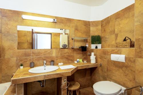 y baño con lavabo, aseo y espejo. en Vilmos apartman, en Pécs
