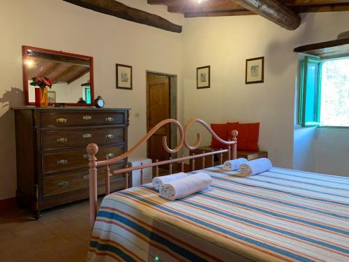 a bedroom with a bed with a dresser and a mirror at Casa Tasso in Reggello