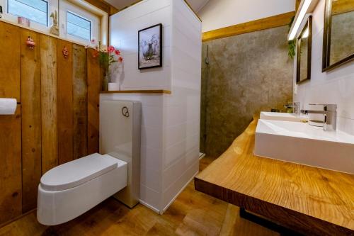 スタヴロにあるLe Petit Moussisのバスルーム(白いトイレ、シンク付)