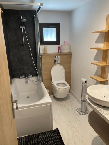 a bathroom with a toilet and a tub and a sink at gîte à la montagne au calme in Bézins-Garraux
