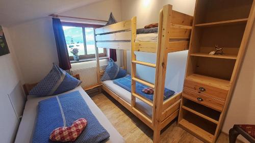 Zimmer mit 2 Etagenbetten und einem Fenster in der Unterkunft Landhaus Brockhaus in Rettenberg