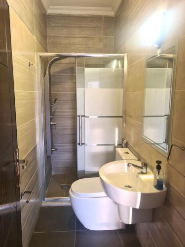 a bathroom with a toilet and a sink and a shower at Zoom Chalets in Amman