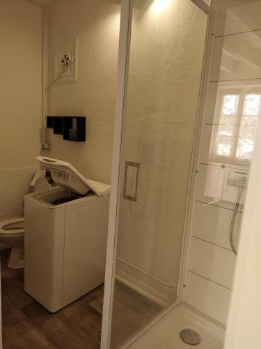 une douche avec une porte vitrée dans une salle de bain dans l'établissement la petite maison d'Albert, à La Motte-Saint-Jean