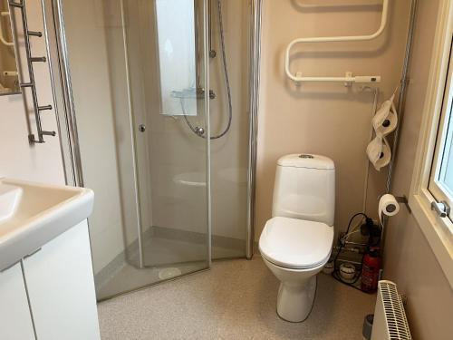 uma casa de banho com um chuveiro, um WC e um lavatório. em Nice cottage located on a seaside plot outside Oskarshamn em Oskarshamn