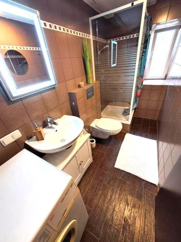 a bathroom with a sink and a toilet and a shower at Altstadt Apartment Kempten in Kempten