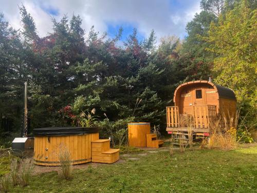 widok na domek i domek w obiekcie Szeroki Bór oaza w Puszczy z Sauną, Banią i Jacuzzi w mieście Szeroki Bór