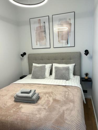 una camera da letto con un letto su cui sono appoggiati due asciugamani di Esplanaadi 10 a Pärnu