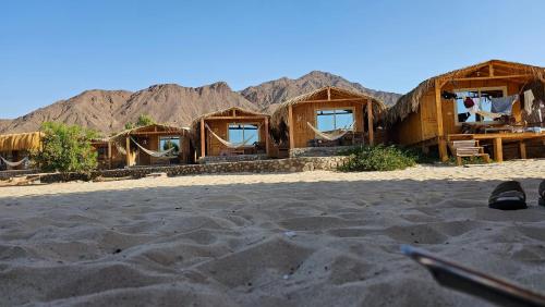 a row of huts on the beach with mountains in the background at Yasmina Beach in Taba