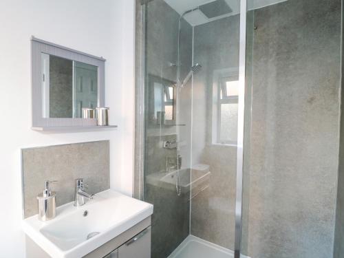 a bathroom with a sink and a glass shower at George's Place in Froghall