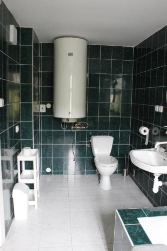 a green tiled bathroom with a toilet and a sink at Penzion Hodky in Světlá pod Ještědem