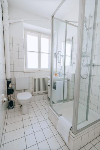 La salle de bains blanche est pourvue d'une douche et de toilettes. dans l'établissement Apartment mit großer Küche in der Ingolstädter City, à Ingolstadt