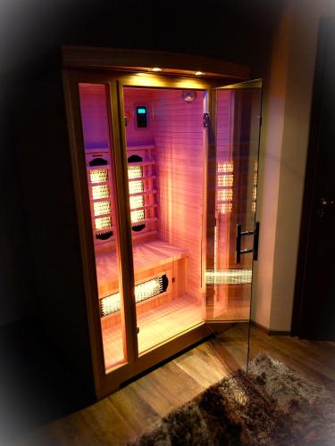 a glass door to a shower with purple lights at HUNOR Vendégház in Sátoraljaújhely