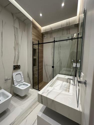 een badkamer met een wastafel en een toilet bij Hera Tirana Suite Deluxe in Tirana