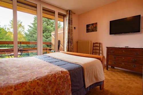 - une chambre avec un lit, une télévision et un balcon dans l'établissement Chambres d'hôtes Domaine des Iris, à Anould