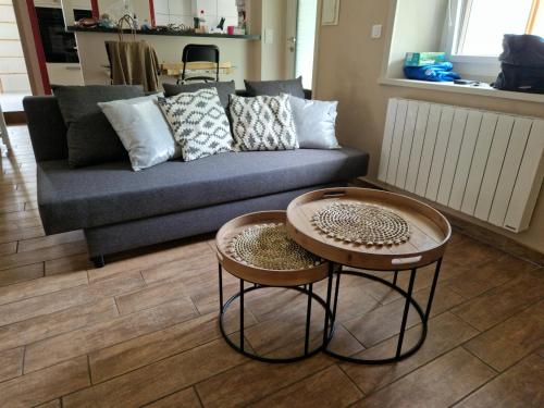 - un salon avec un canapé et deux tables dans l'établissement Appartement aux portes de Genève, à Collonges-sous-Salève