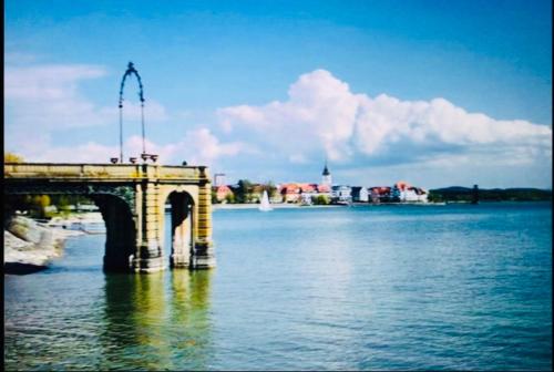 a bridge over a large body of water at Ferienwohnung Prestige 1 in Friedrichshafen