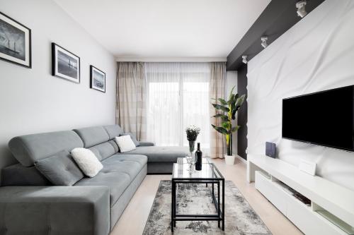 ルブリンにあるEASY RENT Apartments - CENTRUM Plac Litewski, Free parkingのソファとテレビのあるリビングルーム