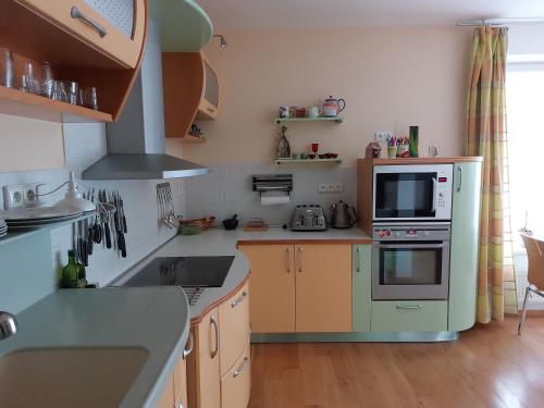 a kitchen with a stove and a microwave at House in beautiful suburb of Prague in Dolní Břežany