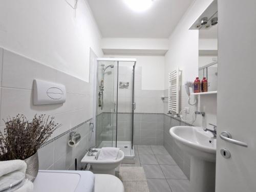 W łazience znajduje się prysznic, toaleta i umywalka. w obiekcie Central SkyStudio w mieście Timişoara