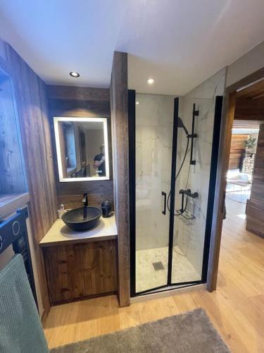 een badkamer met een wastafel en een glazen douche bij Appartement centre megeve in Megève