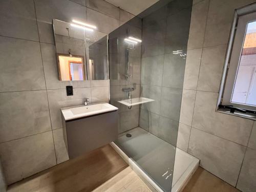 bagno con lavandino e doccia di Beautiful house with 4 bedrooms in Hees a Bilzen
