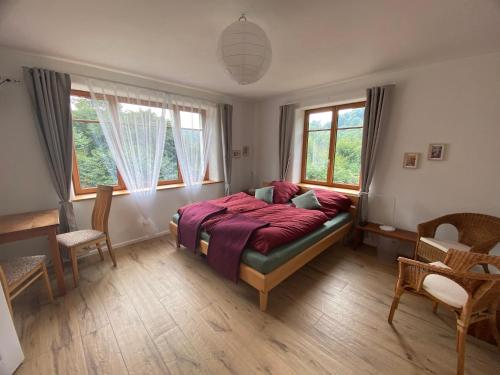 a bedroom with a bed and two windows at Kleine-Radoase Ferienwohnung mit Super- Aussicht in Weilburg