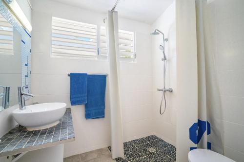 La salle de bains blanche est pourvue d'un lavabo et d'une douche. dans l'établissement Villa des Raisiniers : piscine, vue et accès mer direct, spot de kitesurf, au Vauclin