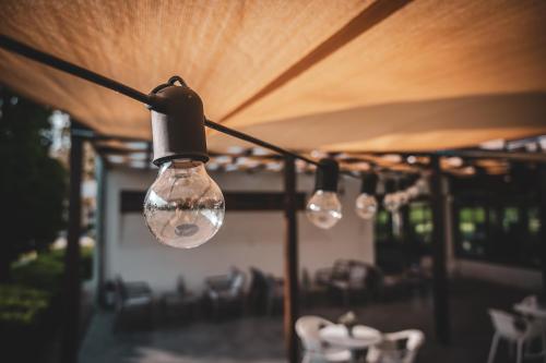 a group of light bulbs hanging from a ceiling at Hercegasszony Birtok in Mezőtúr