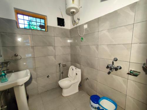 a bathroom with a toilet and a sink at Travelodge Homestay in Bīr