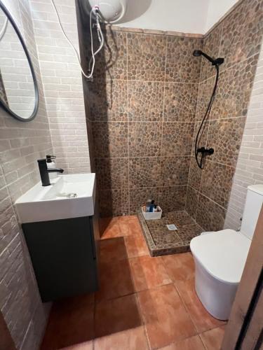 La salle de bains est pourvue de toilettes, d'un lavabo et d'une douche. dans l'établissement La casa de las piedras, 