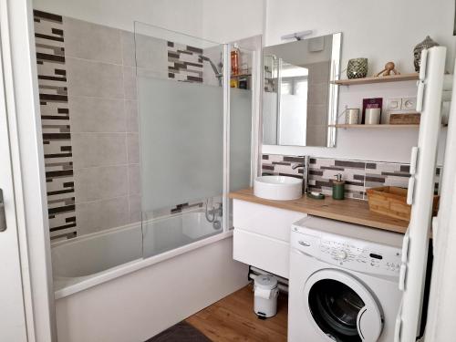 a bathroom with a washing machine and a mirror at Appartement Dunkerque in Dunkerque