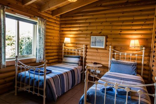 two beds in a log cabin bedroom with a window at Kingfisher Lodge in Selby