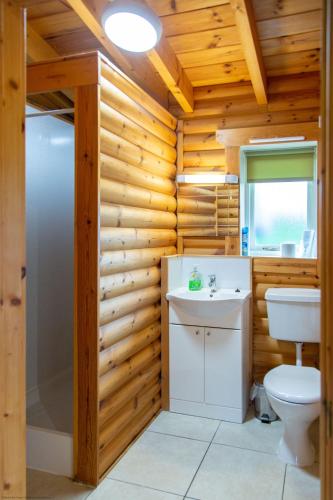 a bathroom with wooden walls and a toilet and a sink at Kingfisher Lodge in Selby