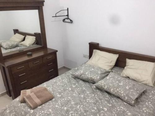 1 dormitorio con cama, tocador y espejo en Tze'elam gardens super special NO Airbnb FEE's WOW, en Zanoaẖ