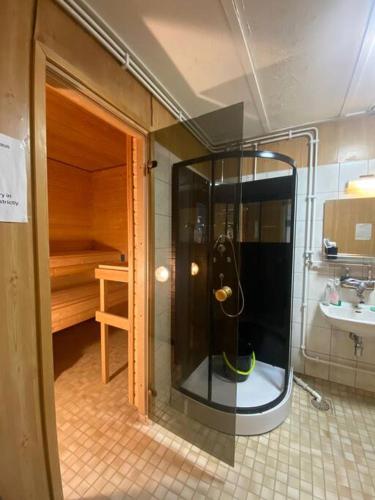 a small bathroom with a shower and a sink at Kotimaailma: Hostel Kivikkotie (room 4) in Vantaa