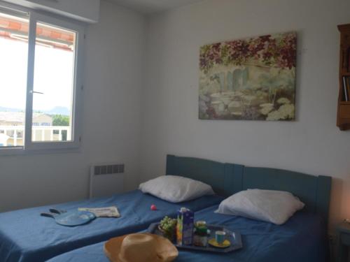 - une chambre avec 2 lits et un plateau/bouilloire dans l'établissement Appartement à Fréjus avec terrasse et ménage inclus - FR-1-226A-66, à Fréjus