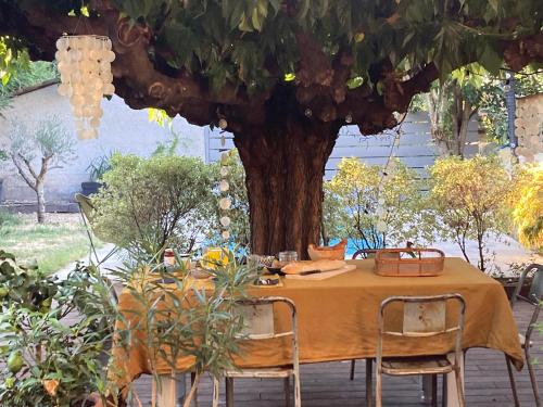 a table with a yellow table cloth under a tree at Casa 55 in Tulette
