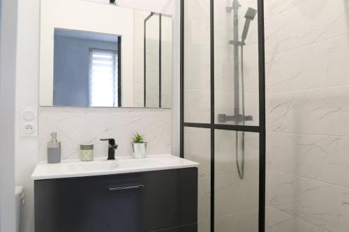 une salle de bain avec un lavabo et une douche avec un miroir dans l'établissement L'écrin avec salle de sport, à Rouen