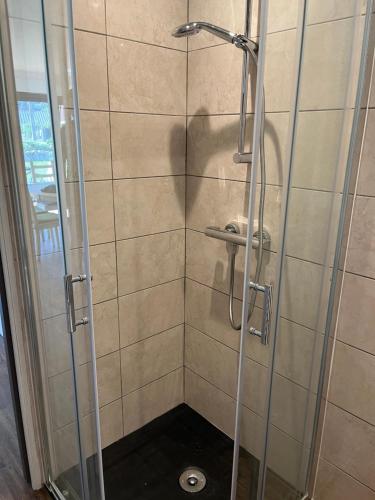 a shower with a glass door in a bathroom at Le Sailhet in Pierrefitte-Nestalas