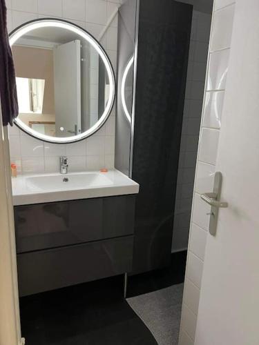 une salle de bain avec un lavabo et un miroir dans l'établissement Nantes : T1 bis hyper centre (commerce) très calme, à Nantes