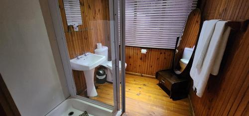a small bathroom with a sink and a shower at Lagoon Lodge in Knysna