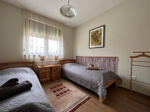 a bedroom with two beds and a window at Strand Apartmant in Keszthely