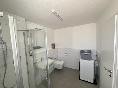 a white bathroom with a shower and a toilet at Apartment Dußlingen 