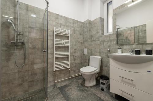 uma casa de banho com um WC, um chuveiro e um lavatório. em Royal 5* mansion near central square em Cluj-Napoca